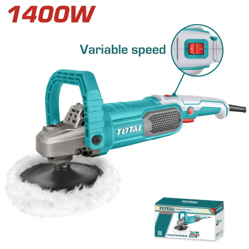 TOTAL Polisher TP11418018 – 1400W, 180mm (7") Pad, Variable Speed 600-3000 rpm, M14 Spindle, with Wool Bonnet & Accessories