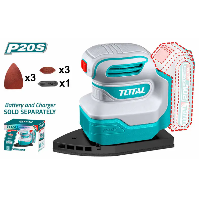 TOTAL Li-ion Palm Sander TPSLI2014 – 20V, 12000 rpm, Iron-Shape Design, 2-in-1 Palm & Detail Sander, with Finger Pad & Sandpapers (Tool Only)