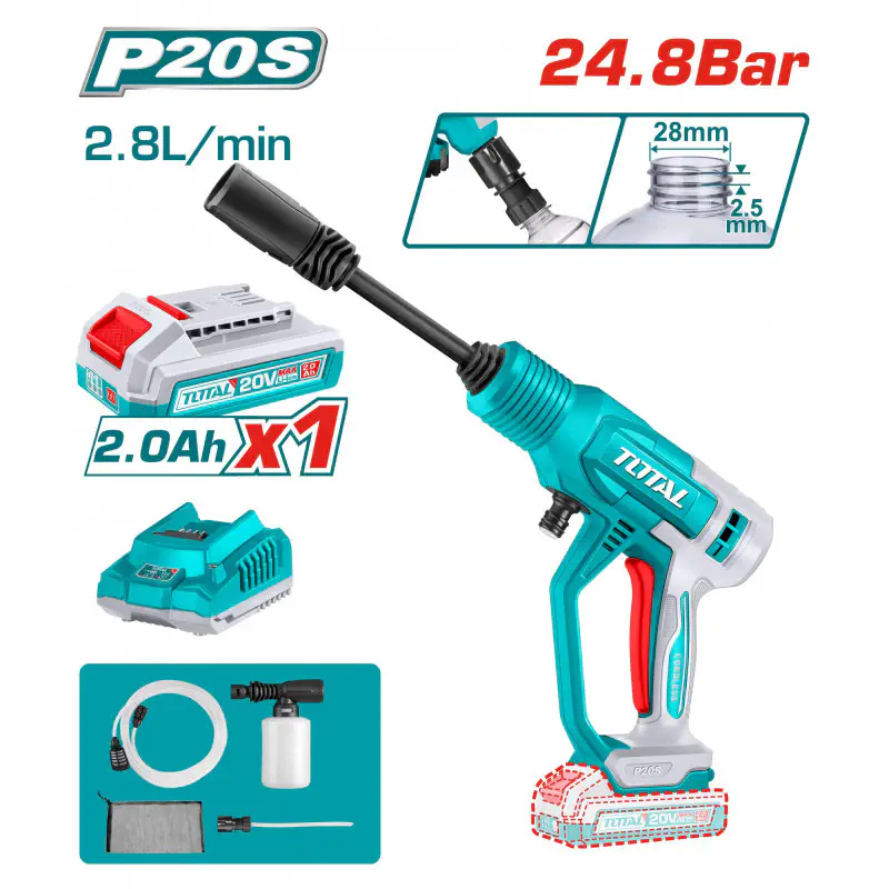 TOTAL TPWLI20362 Cordless pressure washer 24.8Bar, Car washer with battery & charge; 20V, 2.0Ah 