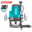 TOTAL Electric Router 2200W, 9000-23000 rpm Variable Speed, 0-60mm Plunge, 5 Collets (6/8/12/1/4"/1/2"), with Guide Set & Extra Carbon Brushes TR111226