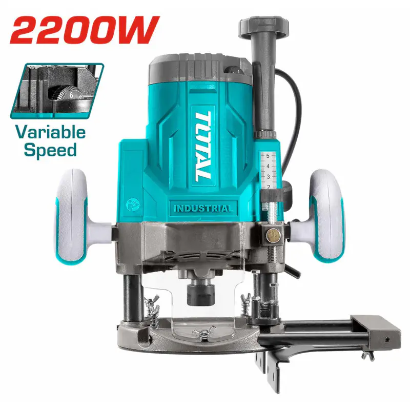TOTAL Electric Router 2200W, 9000-23000 rpm Variable Speed, 0-60mm Plunge, 5 Collets (6/8/12/1/4"/1/2"), with Guide Set & Extra Carbon Brushes TR111226