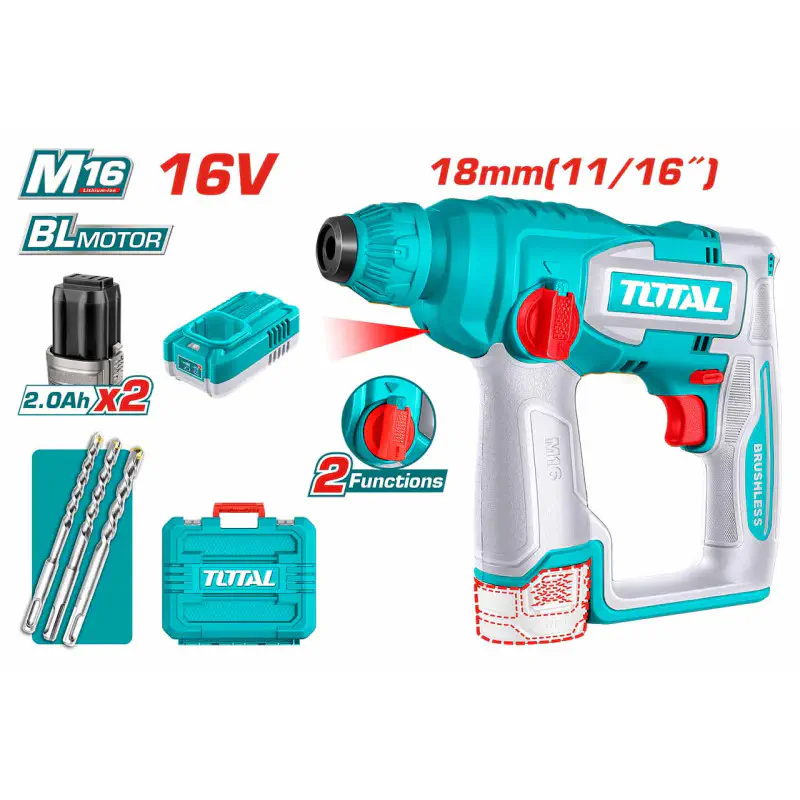 TOTAL Cordless Rotary Hammer TRHLI16168 – 16V, 1.8J Impact Energy, SDS Plus Chuck, 18mm Concrete Capacity, with 2 x 2.0Ah Batteries, Charger & 3 Drill Bits