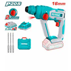TOTAL Cordless Rotary Hammer TRHLI201681 – 20V, 1.5J Impact Energy, SDS Plus Chuck, 16mm Concrete Capacity, with 2.0Ah Battery, Charger & 3 Drill Bits
