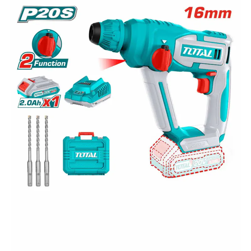 TOTAL Cordless Rotary Hammer TRHLI201681 – 20V, 1.5J Impact Energy, SDS Plus Chuck, 16mm Concrete Capacity, with 2.0Ah Battery, Charger & 3 Drill Bits