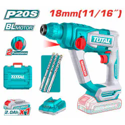TOTAL Cordless Rotary Hammer TRHLI201881 – 20V Brushless, 1.8J Impact Energy, SDS Plus Chuck, 18mm Concrete Capacity, with 2.0Ah Battery, Charger, 3 Drill Bits & Carrying Case