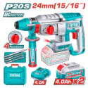 TOTAL Cordless Rotary Hammer TRHLI202482 – 20V Brushless, 2.4J Impact Energy, SDS Plus Chuck, 24mm Concrete Capacity, with 2 x 4.0Ah Batteries, Charger, 3 Drills & 1 Chisel