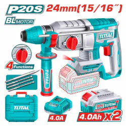 TOTAL Cordless Rotary Hammer TRHLI202482 – 20V Brushless, 2.4J Impact Energy, SDS Plus Chuck, 24mm Concrete Capacity, with 2 x 4.0Ah Batteries, Charger, 3 Drills & 1 Chisel