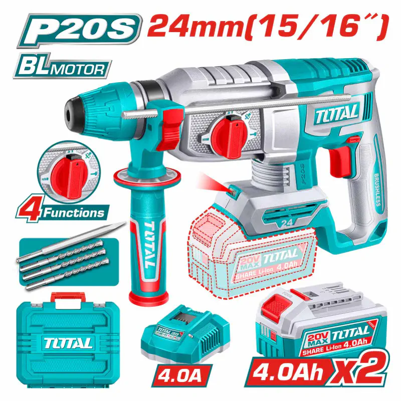 TOTAL Cordless Rotary Hammer TRHLI202482 – 20V Brushless, 2.4J Impact Energy, SDS Plus Chuck, 24mm Concrete Capacity, with 2 x 4.0Ah Batteries, Charger, 3 Drills & 1 Chisel