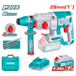 TOTAL Cordless Rotary Hammer TRHLI202682 – 20V Brushless, 2.5J Impact Energy, SDS Plus Chuck, 26mm Concrete Capacity, with 2 x 4.0Ah Batteries, Charger, 3 Drills & 1 Chisel