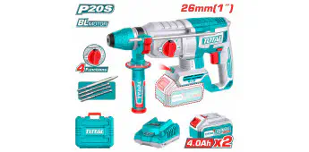 TOTAL Cordless Rotary Hammer TRHLI202682 – 20V Brushless, 2.5J Impact Energy, SDS Plus Chuck, 26mm Concrete Capacity, with 2 x 4.0Ah Batteries, Charger, 3 Drills & 1 Chisel