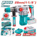 TOTAL Cordless Rotary Hammer TRHLI202862 – 20V Brushless, 4.5J Impact Energy, SDS Plus Chuck, 28mm Concrete Capacity, with 2 x 5.0Ah Batteries, Charger, 3 Drills & 1 Chisel