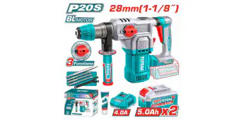 TOTAL Cordless Rotary Hammer TRHLI202862 – 20V Brushless, 4.5J Impact Energy, SDS Plus Chuck, 28mm Concrete Capacity, with 2 x 5.0Ah Batteries, Charger, 3 Drills & 1 Chisel