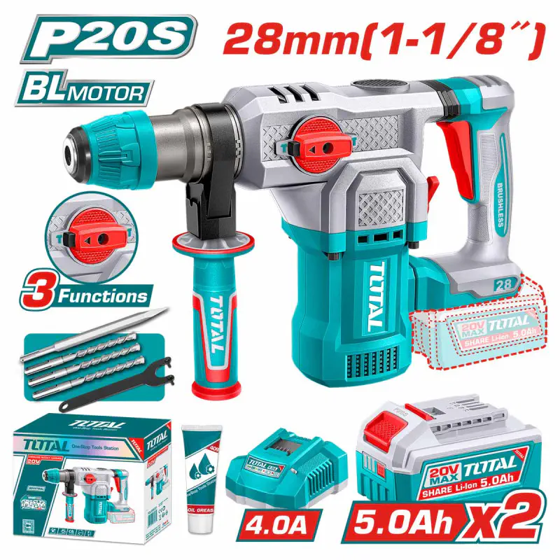 TOTAL Cordless Rotary Hammer TRHLI202862 – 20V Brushless, 4.5J Impact Energy, SDS Plus Chuck, 28mm Concrete Capacity, with 2 x 5.0Ah Batteries, Charger, 3 Drills & 1 Chisel