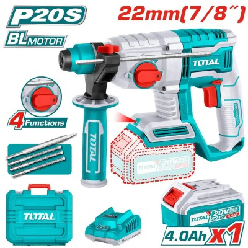 TOTAL Brushless Cordless Rotary Hammer TRHLI202882 – 20V, 4.5J Impact Energy, SDS Plus Chuck, 28mm Concrete Capacity, with 2 x 4.0Ah Batteries & Charger