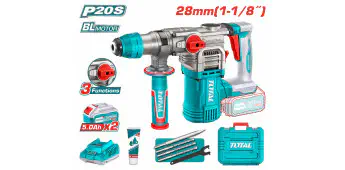 TOTAL Cordless Rotary Hammer TRHLI202885 – 20V Brushless, 4.5J Impact Energy, SDS Plus Chuck, 28mm Concrete Capacity, with 2 x 5.0Ah Batteries, Charger, 3 Drills & 1 Chisel