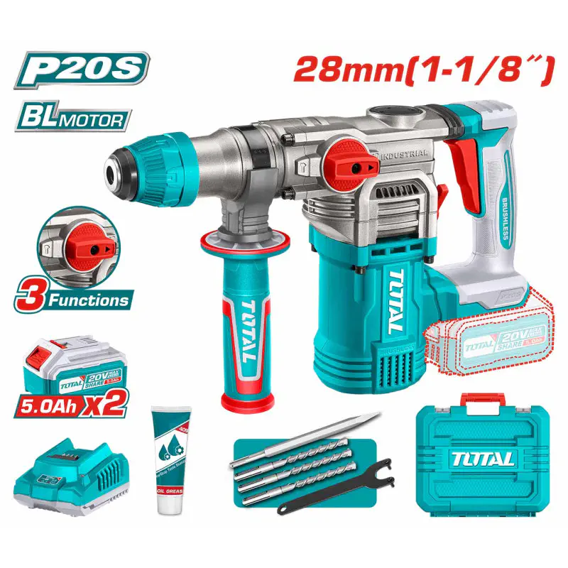 TOTAL Cordless Rotary Hammer TRHLI202885 – 20V Brushless, 4.5J Impact Energy, SDS Plus Chuck, 28mm Concrete Capacity, with 2 x 5.0Ah Batteries, Charger, 3 Drills & 1 Chisel