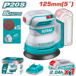 TOTAL Cordless Random Orbit Sander TROSLI20021 – 20V Brushless, 8000-13000 rpm Variable Speed, 125mm (5") Pad, with 2.0Ah Battery, Charger & 5 Sandpapers