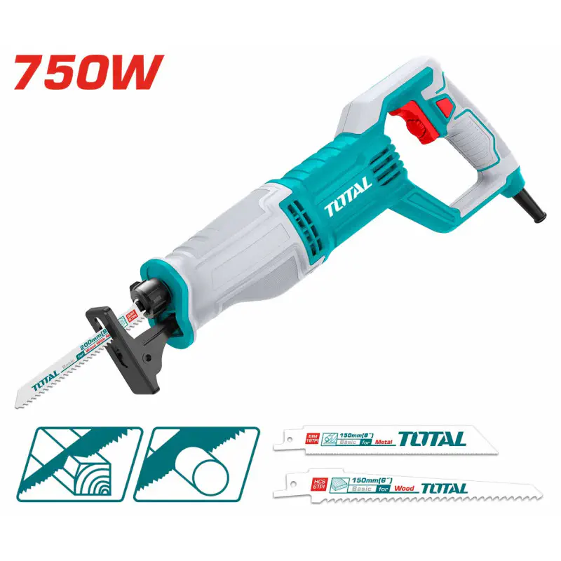 TOTAL Reciprocating Saw TS100756 – 750W, 900-3300 rpm Variable Speed, 25mm Stroke, SDS Blade Change, with Wood & Metal Blades