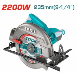 TOTAL Circular Saw 2200W, 4300 rpm, 235mm (9-1/4") TCT Blade, 0-45° Bevel, 80mm Cutting Depth, with Parallel Guide & Carbon Brushes TS122235622