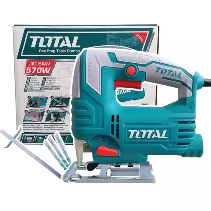 TOTAL Jig Saw  570W, 800-3000 rpm Variable Speed, 65mm Wood / 8mm Steel Cutting, 4-Step Pendulum, with 3 Saw Blades & Extra Carbon Brushes TS206656