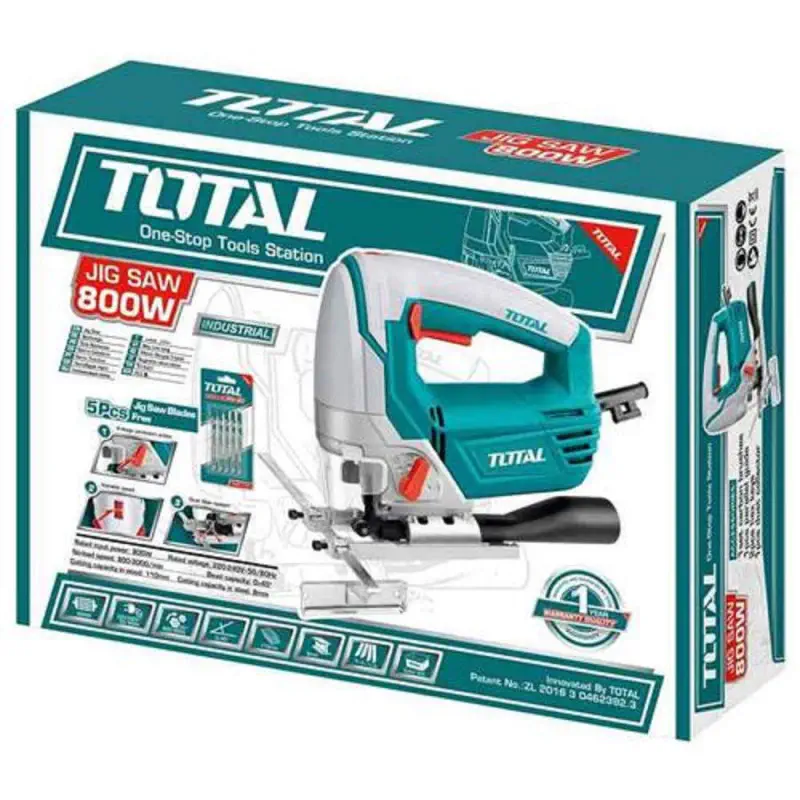TOTAL Jig Saw TS2081006 – 800W, 800-3000 rpm Variable Speed, 100mm Wood / 10mm Steel / 20mm Aluminum Cutting, 5 Free Wood Blades