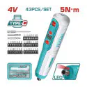 TOTAL Li-ion Cordless Screwdriver TSDLI04062 – 4V, 5Nm, USB Charging, with 42 Cr-V Bits, Connector, LED Work Light & Charge Indicator
