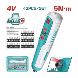 TOTAL Li-ion Cordless Screwdriver TSDLI04062 – 4V, 5Nm, USB Charging, with 42 Cr-V Bits, Connector, LED Work Light & Charge Indicator