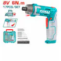 TOTAL Li-ion Cordless Screwdriver TSDLI08025 – 8V, 6Nm, 15+1 Torque, USB-C Charging, with 17 Accessories & Plastic Case