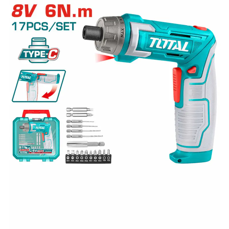 TOTAL Li-ion Cordless Screwdriver TSDLI08025 – 8V, 6Nm, 15+1 Torque, USB-C Charging, with 17 Accessories & Plastic Case