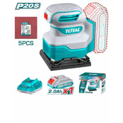 TOTAL Li-ion Palm Sander 20V, 12000 rpm, 110x100mm Base, with 2.0Ah Battery, Charger & 5 Sanding Sheets TSHSLI20141