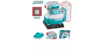 TOTAL Li-ion Palm Sander 20V, 12000 rpm, 110x100mm Base, with 2.0Ah Battery, Charger & 5 Sanding Sheets TSHSLI20141