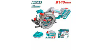TOTAL Li-ion Circular Saw 20V Brushless, 6300 rpm, 140mm Blade, 0-45° Bevel, 50mm Cutting Depth, with 4.0Ah Battery & Charger TSLI14021