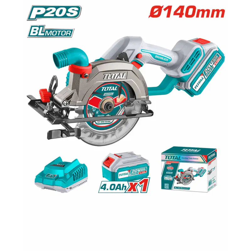 TOTAL Li-ion Circular Saw 20V Brushless, 6300 rpm, 140mm Blade, 0-45° Bevel, 50mm Cutting Depth, with 4.0Ah Battery & Charger TSLI14021
