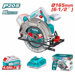 TOTAL Li-ion Circular Saw 20V Brushless, 5200 rpm, 165mm Blade, 0-45° Bevel, 55mm Cutting Depth, with 4.0Ah Battery & Charger TSLI16521