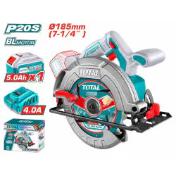 TOTAL Li-ion Circular Saw  20V Brushless, 4800 rpm, 185mm (7-1/4") Blade, 0-45° Bevel, 65mm Cutting Depth, with 5.0Ah Battery & Charger TSLI18513