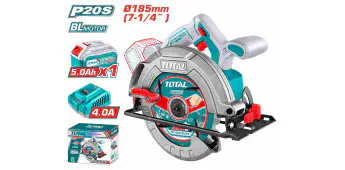 TOTAL Li-ion Circular Saw  20V Brushless, 4800 rpm, 185mm (7-1/4") Blade, 0-45° Bevel, 65mm Cutting Depth, with 5.0Ah Battery & Charger TSLI18513