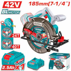 TOTAL 42V Cordless Circular Saw Brushless, 4800 rpm, 185mm Blade, 0-45° Bevel, 65mm Cutting Depth, with 2.5Ah Battery & Charger TSLI4218511