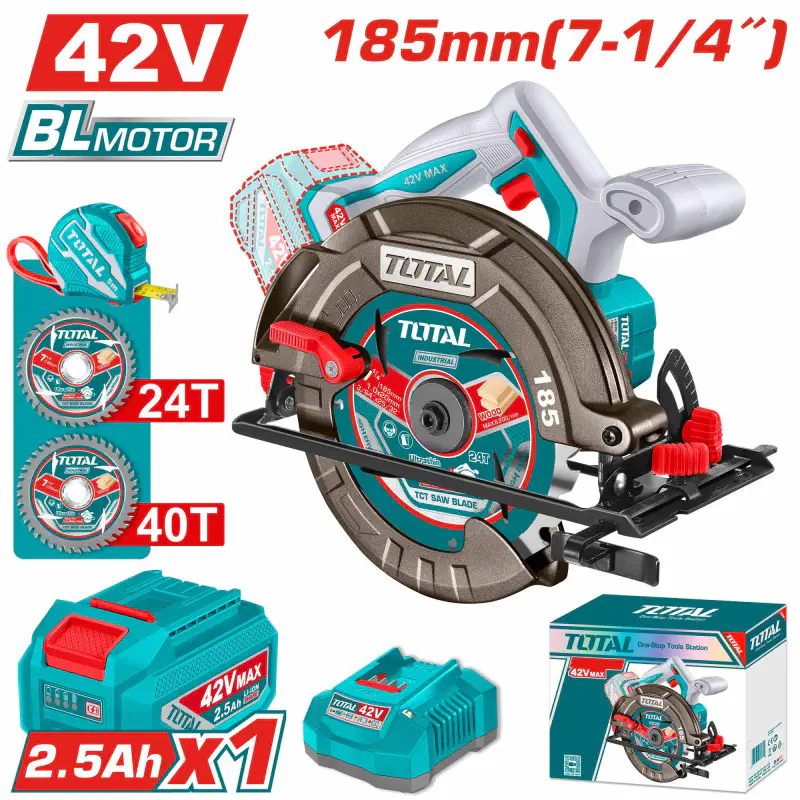 TOTAL 42V Cordless Circular Saw Brushless, 4800 rpm, 185mm Blade, 0-45° Bevel, 65mm Cutting Depth, with 2.5Ah Battery & Charger TSLI4218511