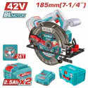 TOTAL 42V Cordless Circular Saw  Brushless, 4800 rpm, 185mm Blade, 0-45° Bevel, 65mm Cutting Depth, with 2 x 2.5Ah Batteries, Charger & Carrying Case TSLI4218512