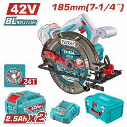 TOTAL 42V Cordless Circular Saw  Brushless, 4800 rpm, 185mm Blade, 0-45° Bevel, 65mm Cutting Depth, with 2 x 2.5Ah Batteries, Charger & Carrying Case TSLI4218512