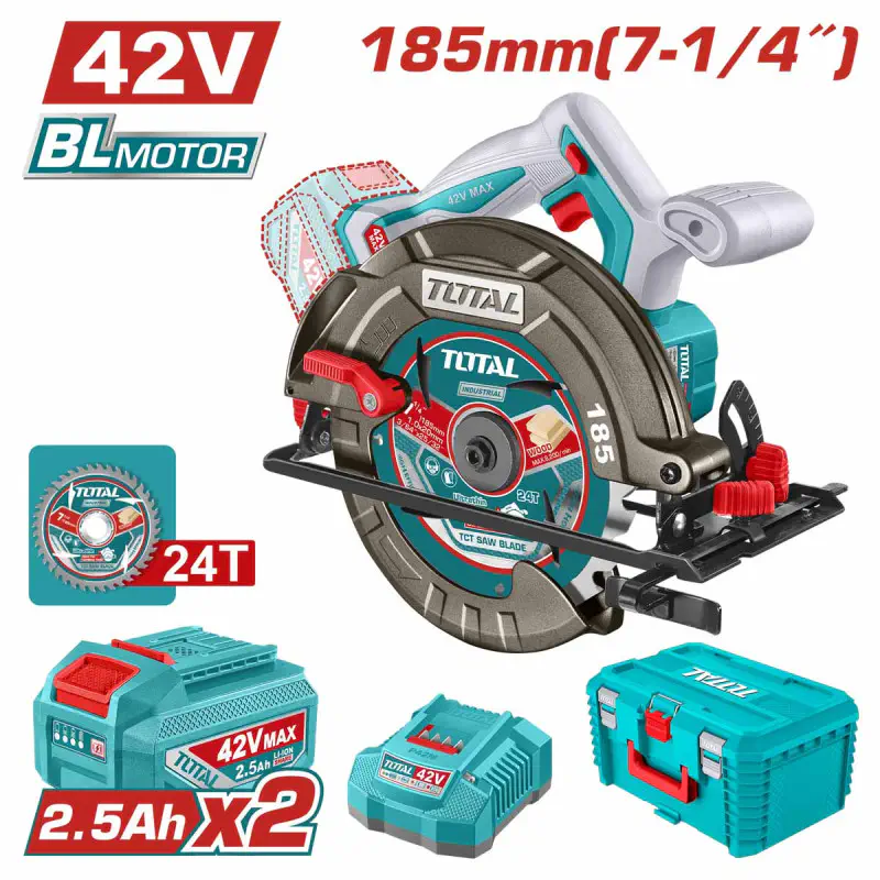 TOTAL 42V Cordless Circular Saw  Brushless, 4800 rpm, 185mm Blade, 0-45° Bevel, 65mm Cutting Depth, with 2 x 2.5Ah Batteries, Charger & Carrying Case TSLI4218512