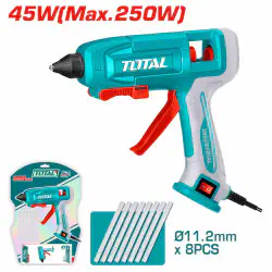 TOTAL Glue Gun 45W (250W Max), 11.2mm Glue Sticks, 20-30g/min Flow, 3-5 Min Preheat, with 8 Glue Sticks & Foldable Stand TT401116