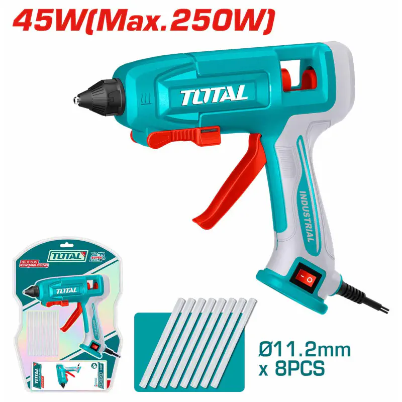 TOTAL Glue Gun 45W (250W Max), 11.2mm Glue Sticks, 20-30g/min Flow, 3-5 Min Preheat, with 8 Glue Sticks & Foldable Stand TT401116