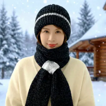 Windproof Cap with Scarf (Black & Silver )