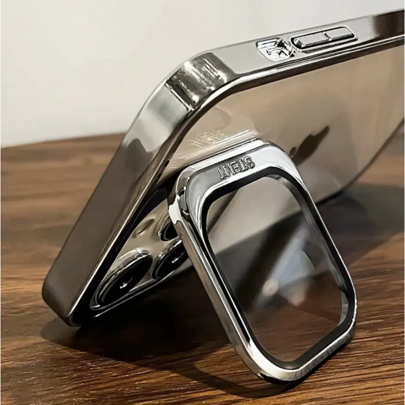 Luxury Plating Crystal Clear Anti Yellow Hard Case✨ With Stand Camera Lens Protector 