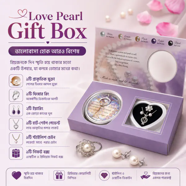 আসল ঝিনুকের মুক্তার মালা কানের দুল ও রিং সহ Love Pearl