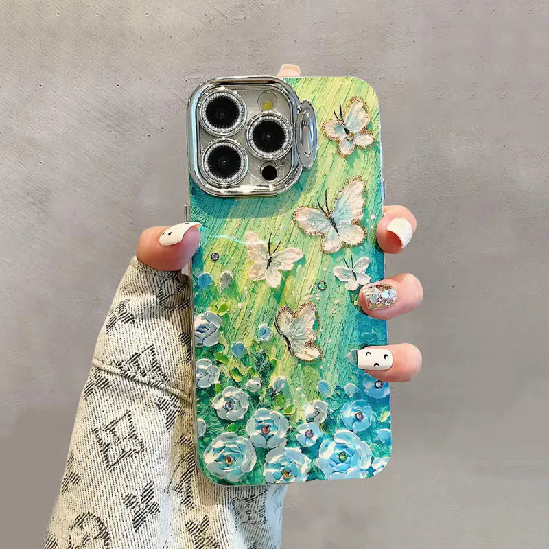 Luxury Butterfly Oil Painting with Lens Protection Holder Shockproof Bumper Cover