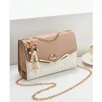 Golden Chain Strap Ladies Designer Bags Bowknot-decoration CrossBody Messenger Girls Fashion Confetti Purse Handbags (Khaki)