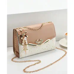 Golden Chain Strap Ladies Designer Bags Bowknot-decoration CrossBody Messenger Girls Fashion Confetti Purse Handbags (Khaki)