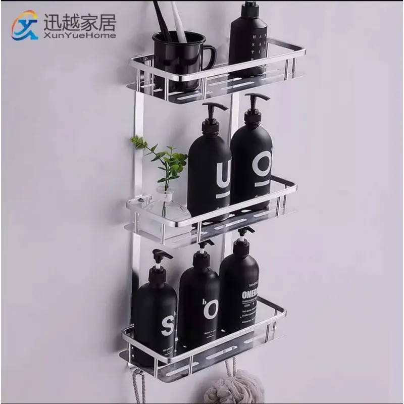 Bathroom Square Shelves Silver Aluminum Shower Basket Shampoo 3 Layer Holder Wall Hanger Storage Rack Organizer